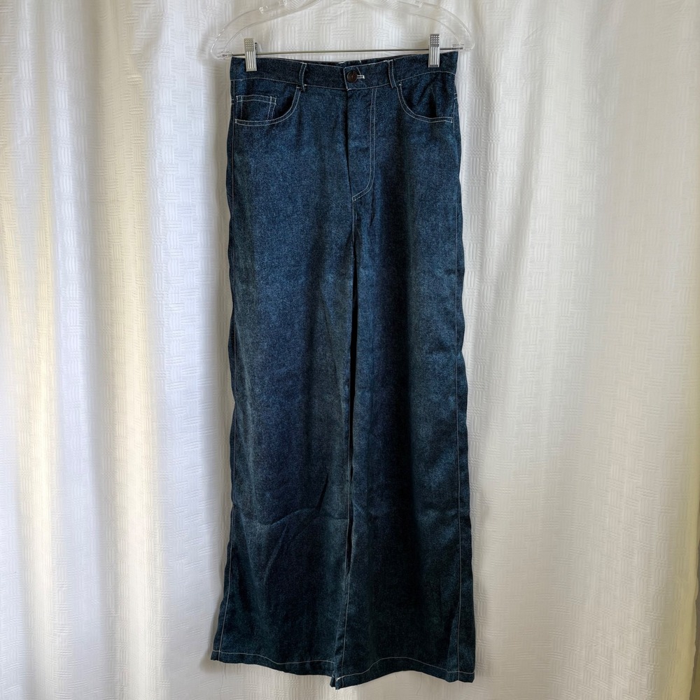 Urban Outfitters Denim Print Wide Leg Trousers Blue Trompe L'oeil Pants Womens 4